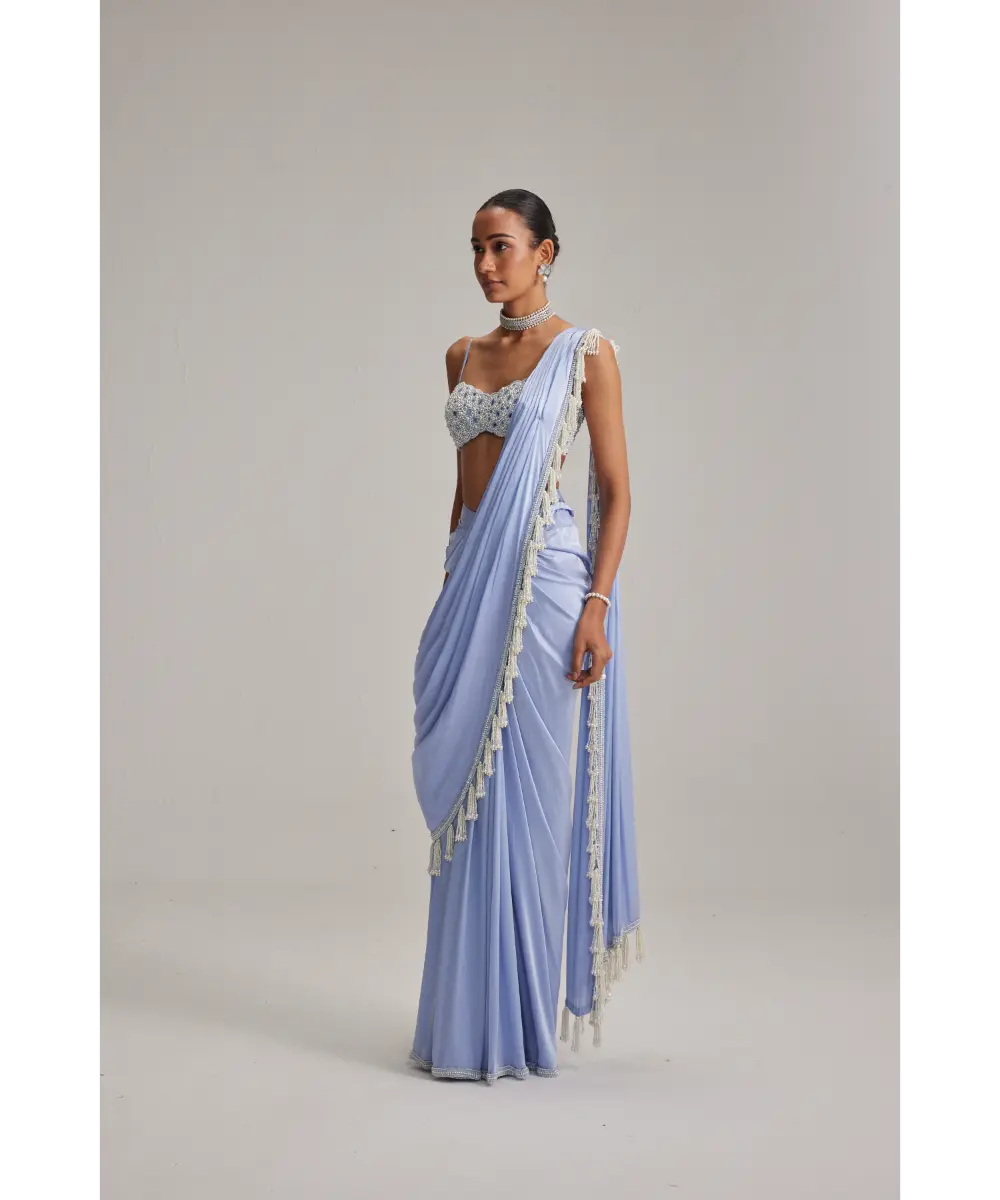 VVANI VATS- Dew Blue Satin Draped Saree Set